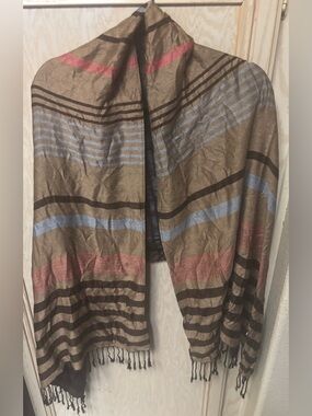Women’s 100% Pashmina Shawl Wrap Scarf Brown Blue Pink Striped Tassel Sz 72x26”